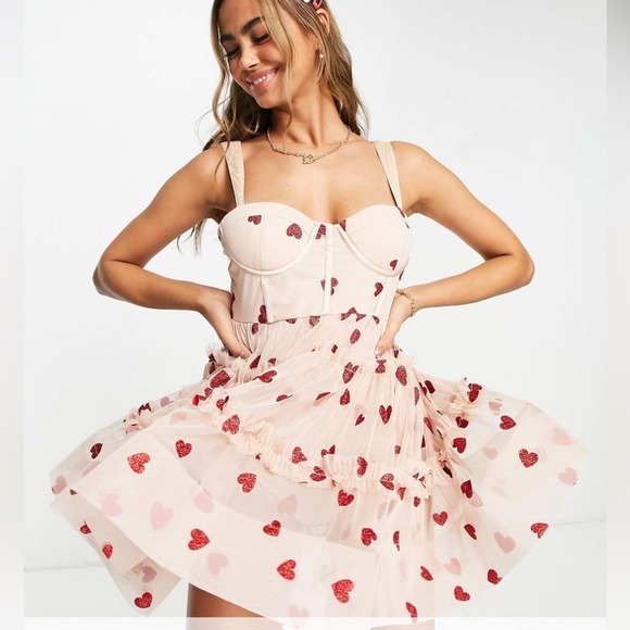 ASOS Dresses & Skirts - Asos exclusive Lace & Beads corset tiered mini dress in taupe rose heart sexy